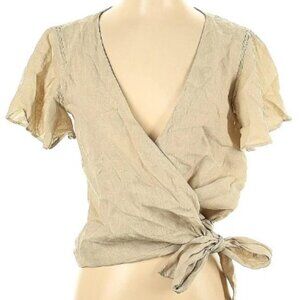 Zara 100% linen short sleeve wrap top with tie closure